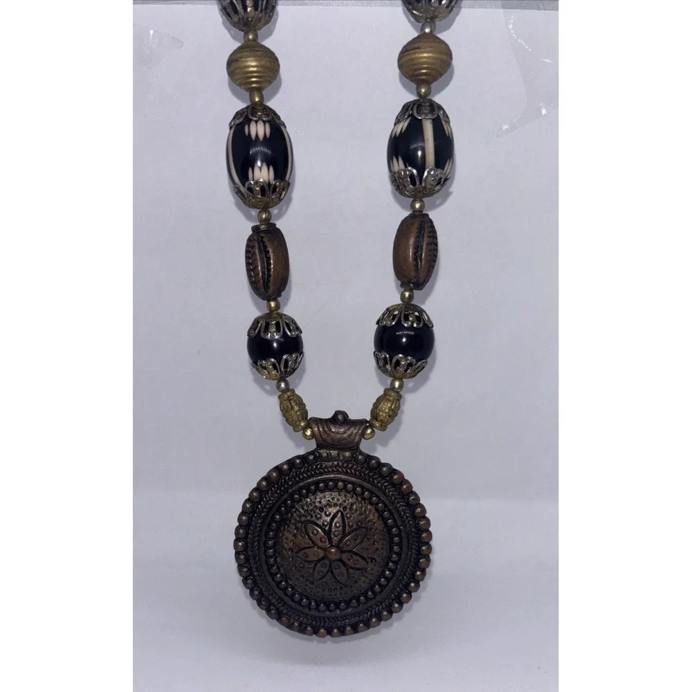 Vintage Tribal Style Bronze Metal Floral Pendent  Beaded Necklace